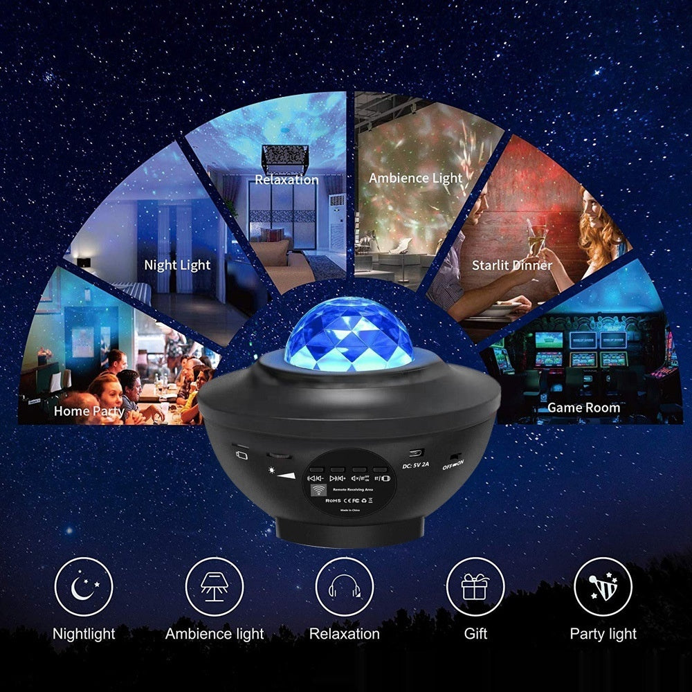 Petit Bol Starry Sky Projection Lampe USB Bluetooth Musique Rotation eau Ripple laser Atmo