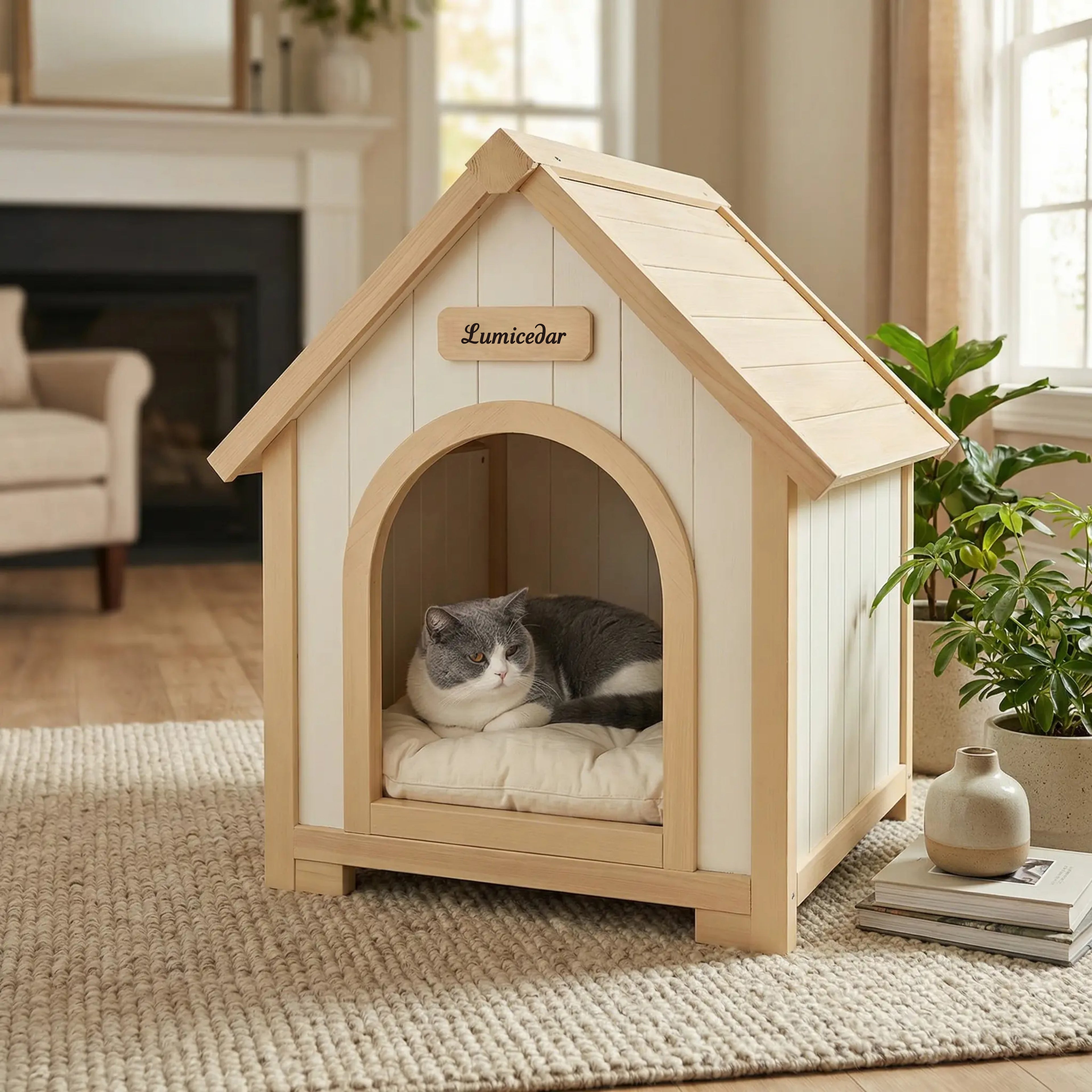 Maison de chien en bois moderne avec coussin EVA – Cèdre solide Pet House pour petits chiens & C