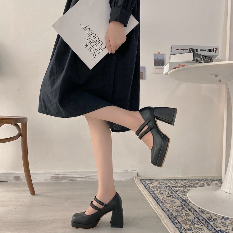 Femmes Double Strap Mary Jane Pompes Rond Toe Platform Block Talon PU Robe Chaussures