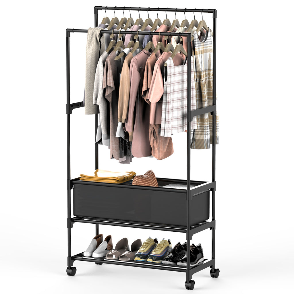 1Pc Double Rods Garment rack avec sac de rangement Portable rack de vêtements avec étagères verrouillables