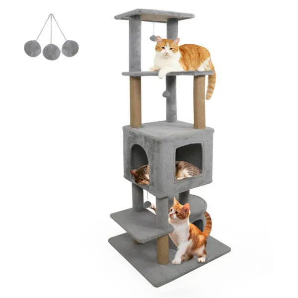 64" Light Gray Cat Tree with Plush Perches and 3 Dangling Balls