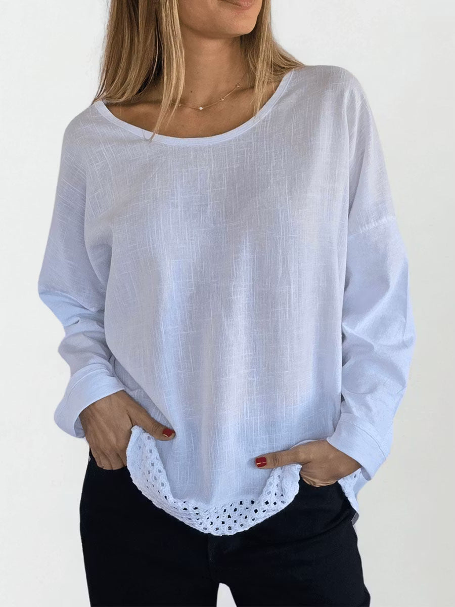 Arrivée Élégante chemise à manches longues en dentelle à col solide pour femmes