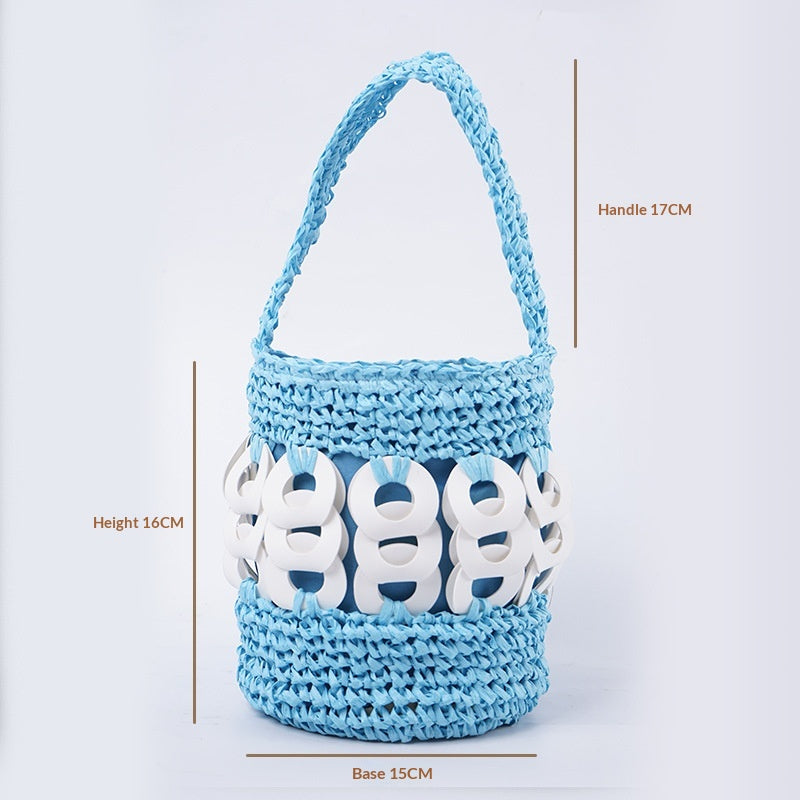 Crochet de main de monnaie de cuivre bouton sac seau Straw Woven Purse