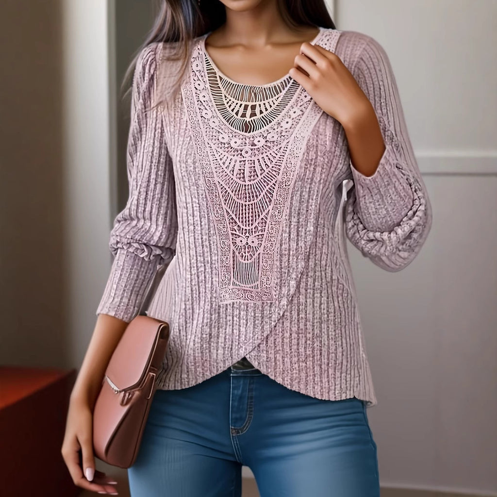 Autumn Solid-color Dentelle jumelée Col rond Top féminin à manches longues