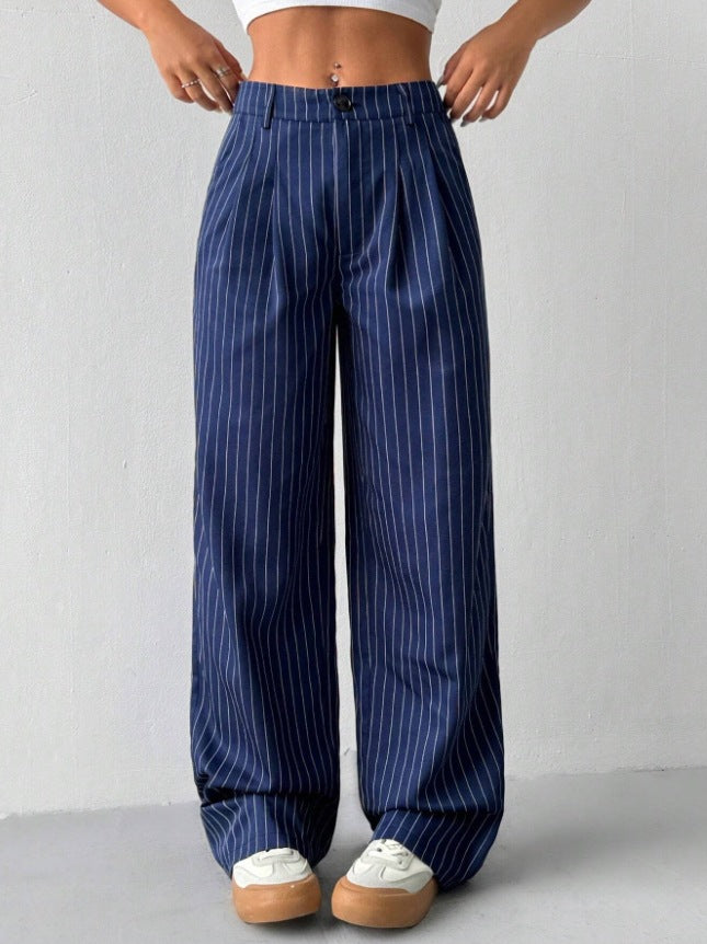Madame Blue Striped European and American Casual Shimuting Loose Large-Leg Casual Pantalons Trou