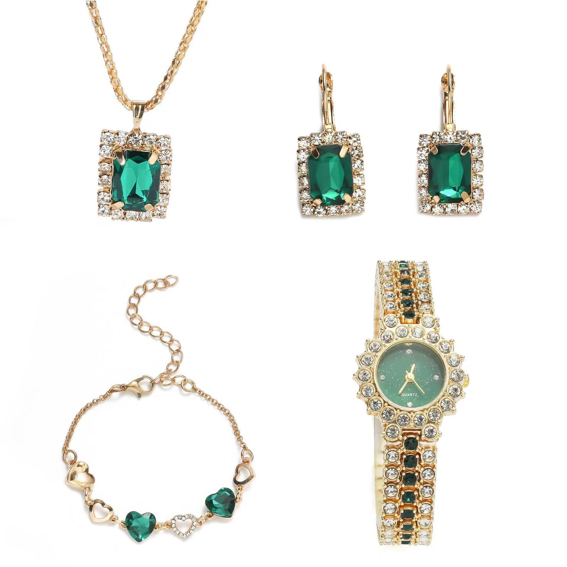Popular Small Green Watch Ceinture en acier pour femmes Montres Quartz Bague Cadeau Set en boîte Cinq pièces S