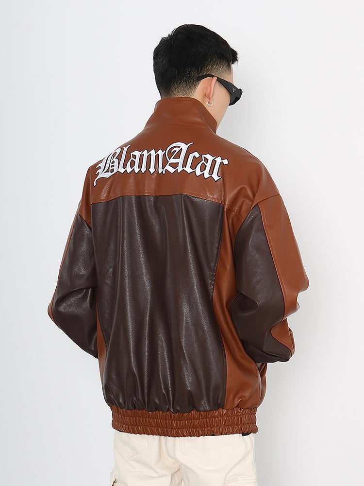 High Street Contrast Patchwork Brodé Veste en cuir