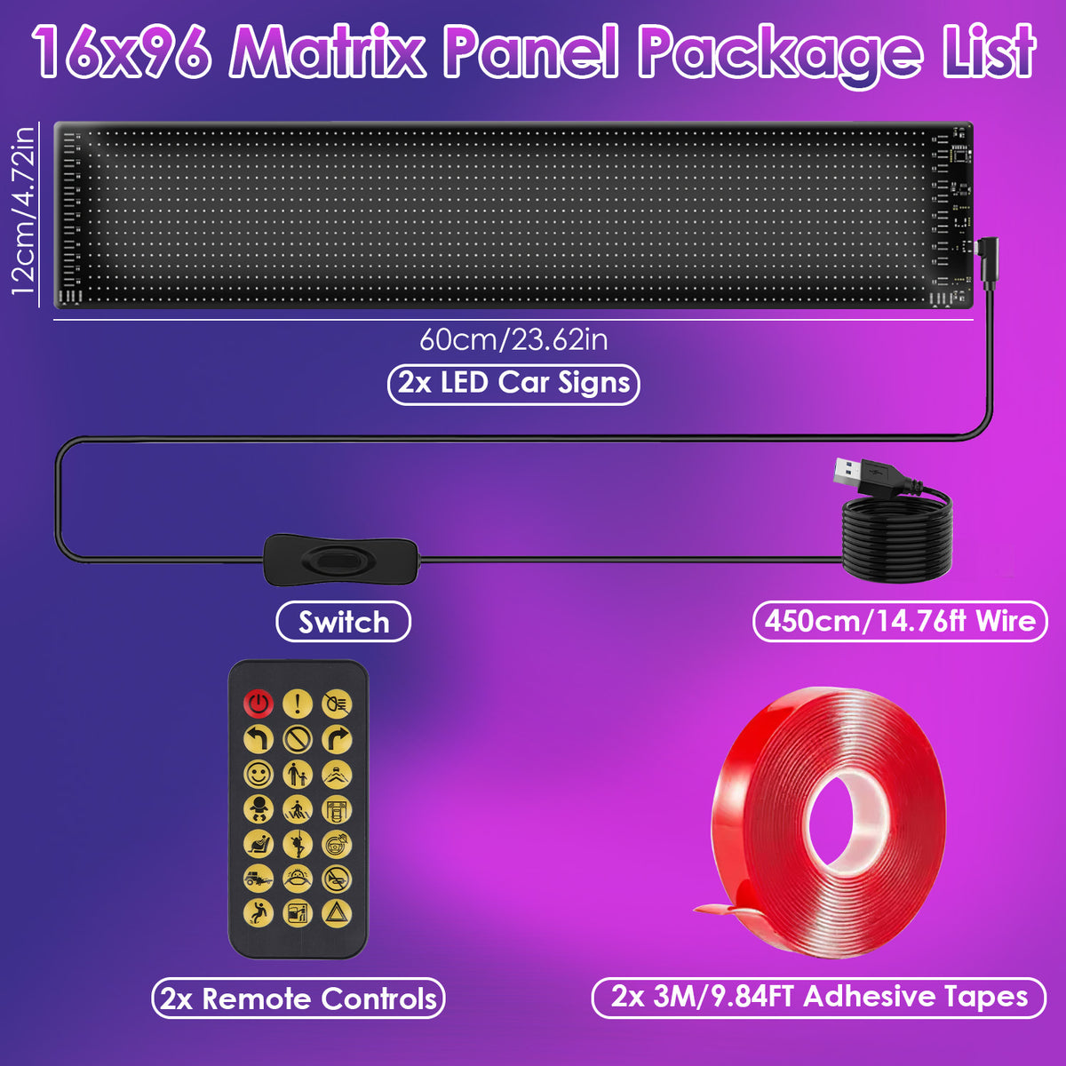 2Pack 16x96 Matrix Devil Eyes lumières pour voiture ultra-mince programmable LED enseignes de voiture avec AP