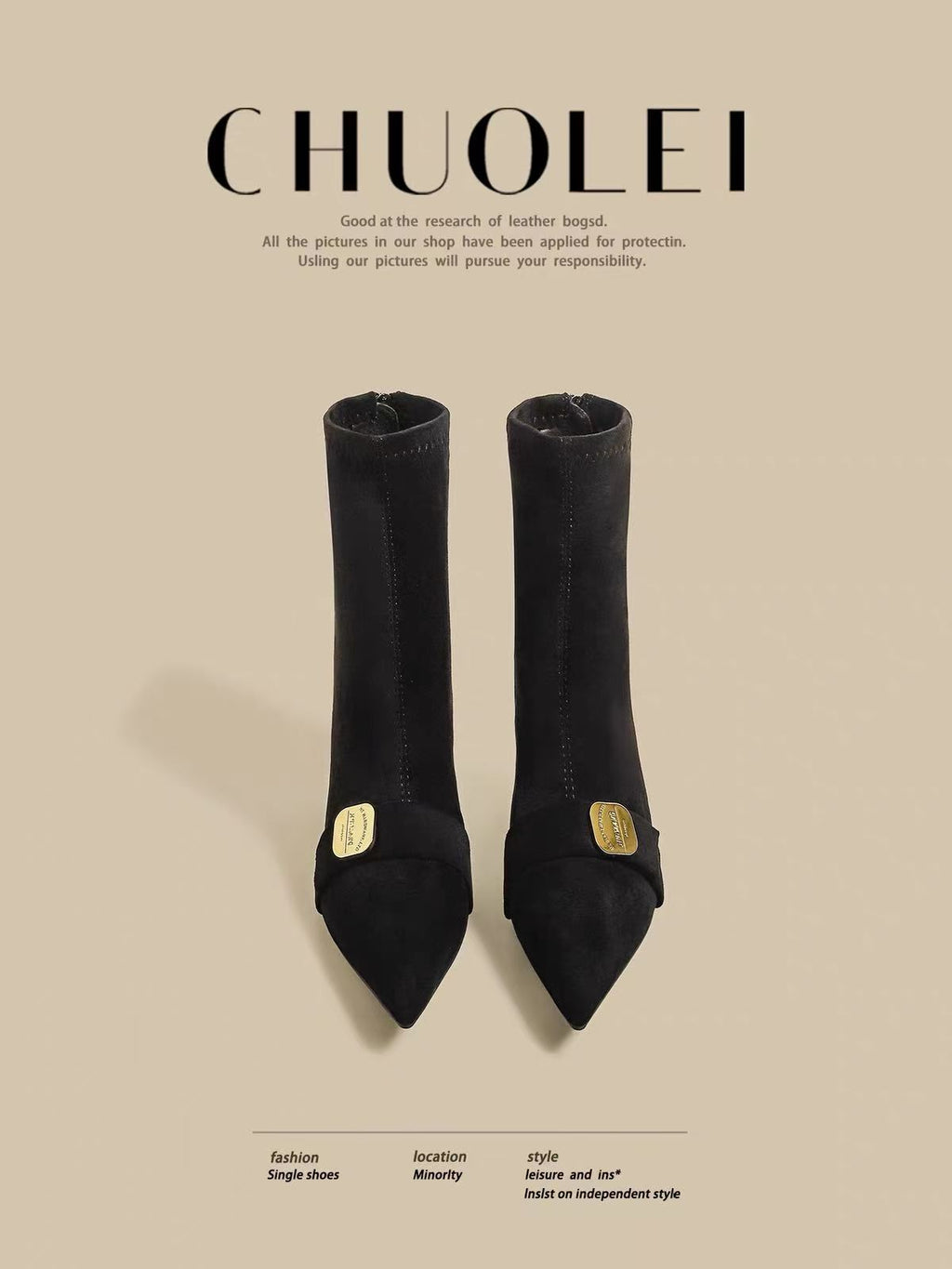 Femmes Pied pointu orteil noir Haut talon Bottes de cheville en métal français Boucle élastique Slim Fit Bottes