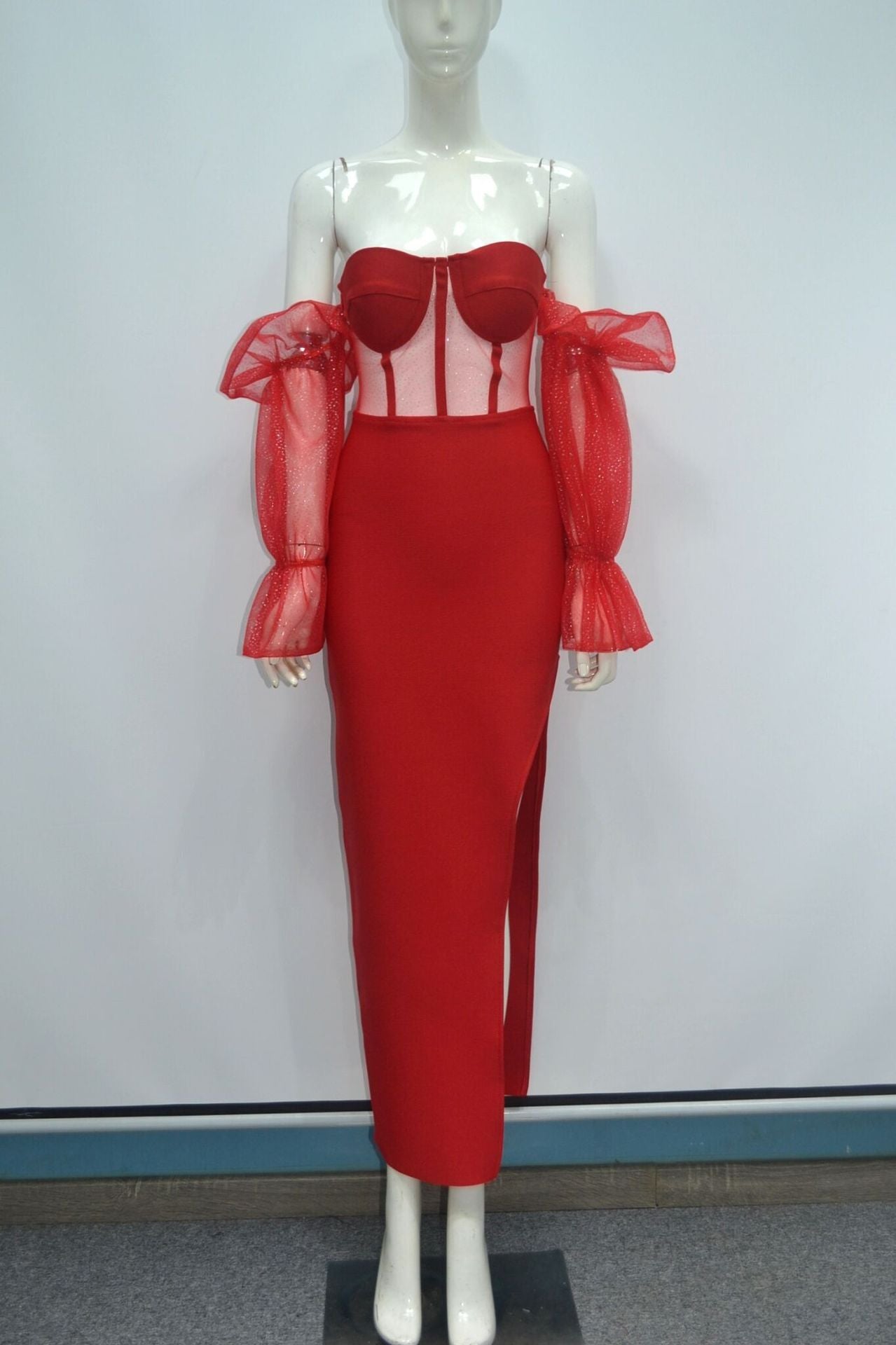 Niche Stretch Hors-épaule Mesh manches longues Élégante robe du soir