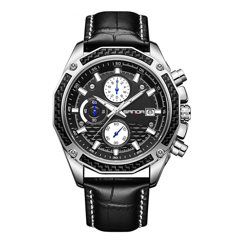 Calendrier de la sangle de quartz Trois yeux et six aiguilles montre pour hommes