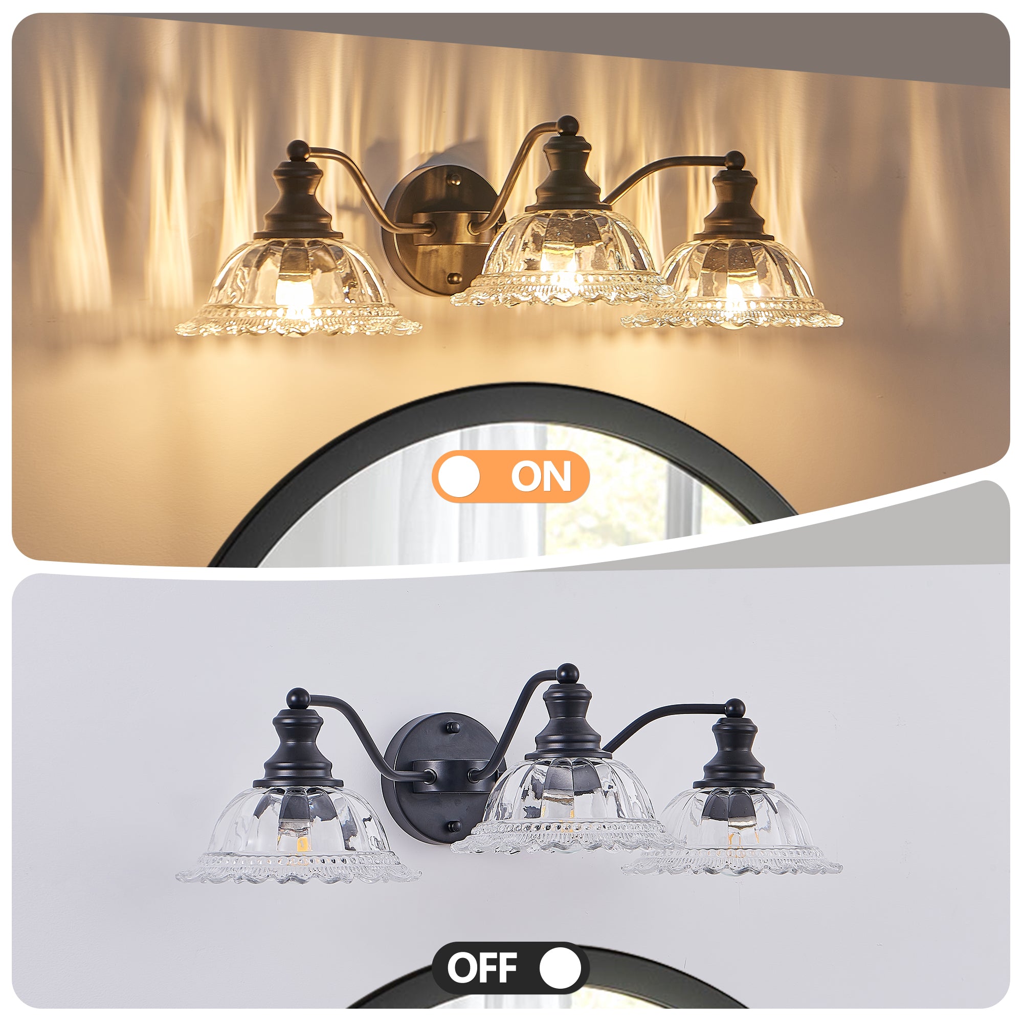 24 pouces 3-Light Vintage salle de bain mur sconce élégant noir métal et verre abat-jour Vanit