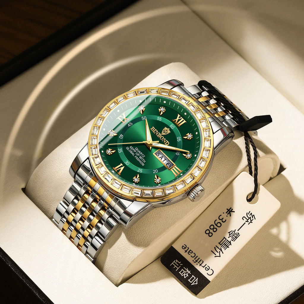 Business Diamant-embeded Montre mécanique double calendrier étanche