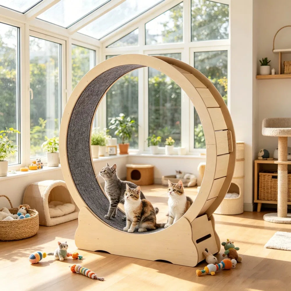 Roue d'exercice en bois de chat