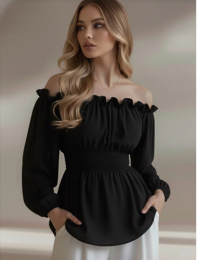 Chic and soft versatile long-sleeved blouse with graphic platters