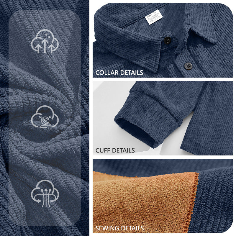 Homme Corduroy Sweatshirt avec une fermeture devant bouton et lapel