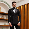 Hommes Black Satin Peak Lapel Strass & 3D Floral Embellished Double Breasted Tuxedo Deux-P