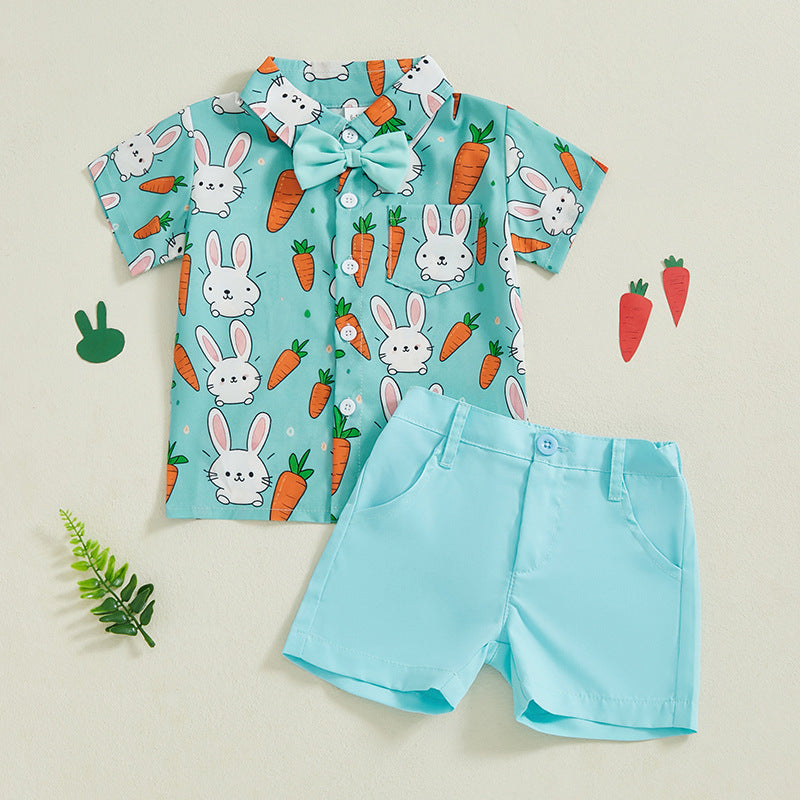 Gentleman Lapin imprimé Bow Tie chemise et short à manches courtes deux pièces ensemble