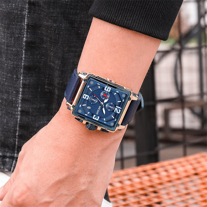 Lumineux homme Waterproof Square Multi-fonction Chronographe Calendrier Montre en cuir