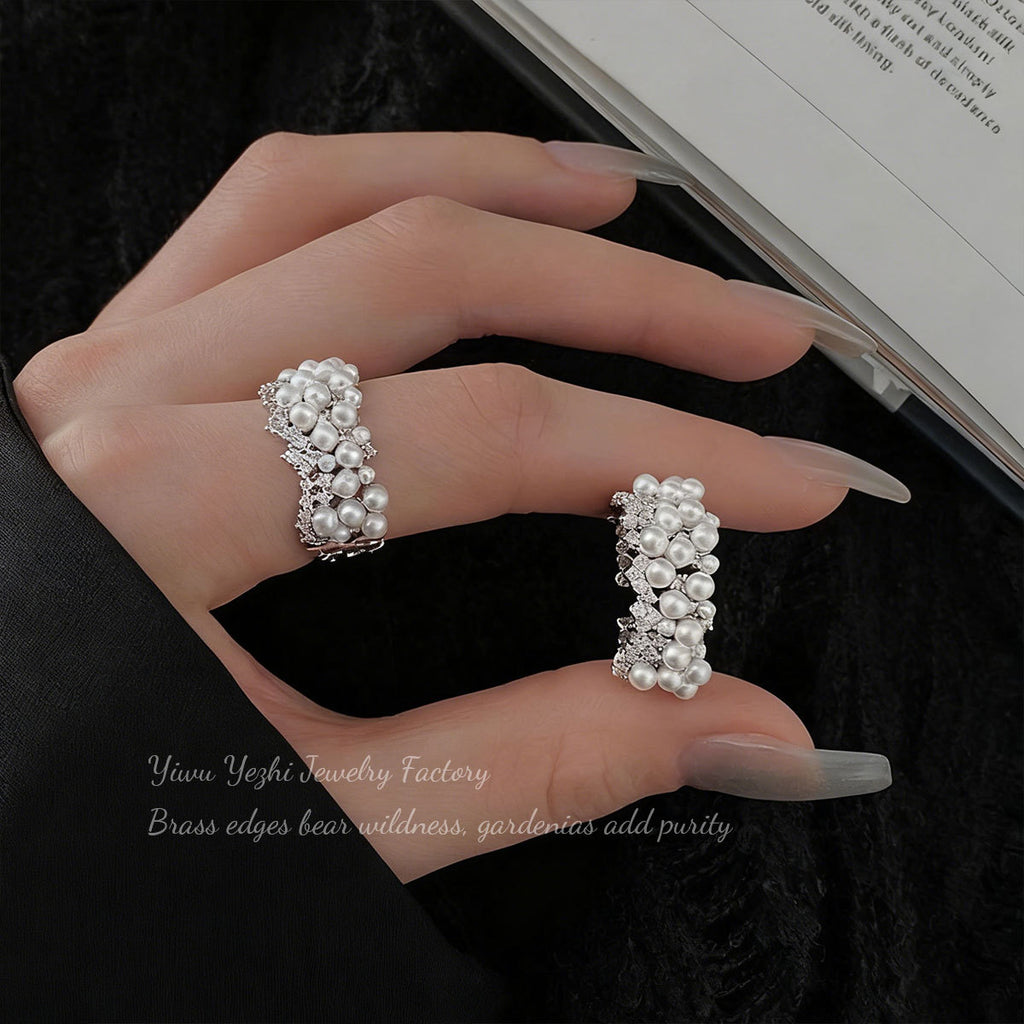French Light Luxury Elegant Pearl Baby's Breath Bague Cuivre plaqué Real Gold Ajustable Op