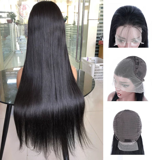 Long droit Cheveux humains Perruque à dents pleines peut être lié Curled or Teed Wig Cap Style