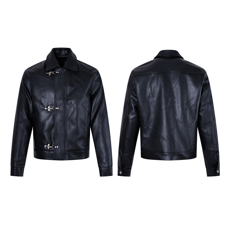 Veste de motard en cuir brillant Slim-Fit Faux avec fermeture à boucle vintage