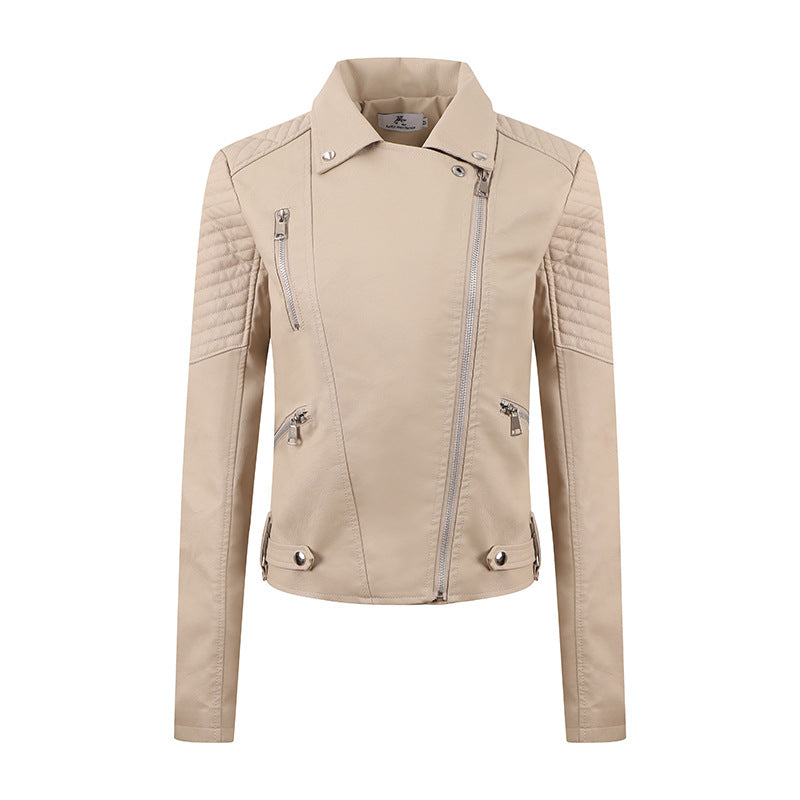 PU Femmes court en cuir Oblique Tir Slim vêtements de moto lavés veste en cuir