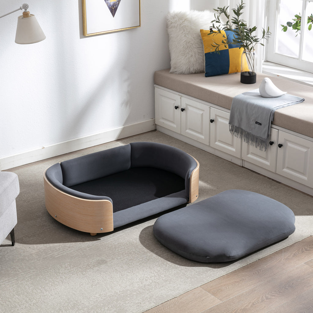 Style scandinave Lit de chien élevé Canapé pour animaux avec pieds en bois massif et dos en bois bent