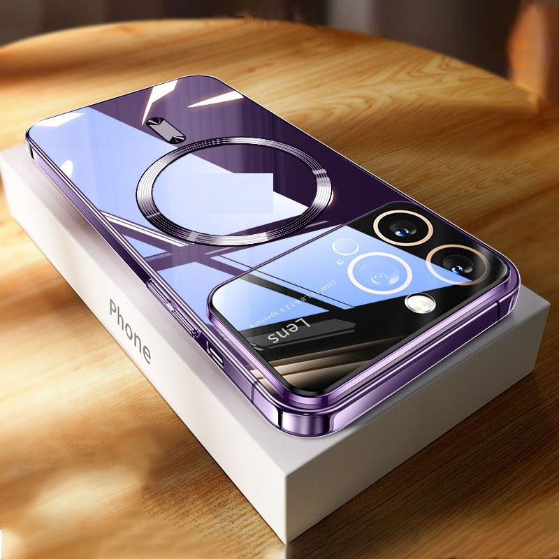 Coque de téléphone Grande fenêtre Electroplating magnétique transparent Couverture de protection tout compris