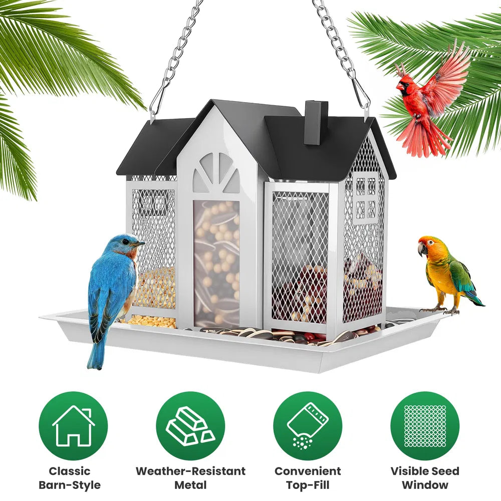 Mangeoire oiseaux extérieur en métal, style petite grange