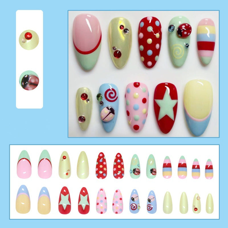 24-pièces en forme d'amande Dopamine Ladybug Français Polka-dot Nail Tipscute Sweet and Sparkling
