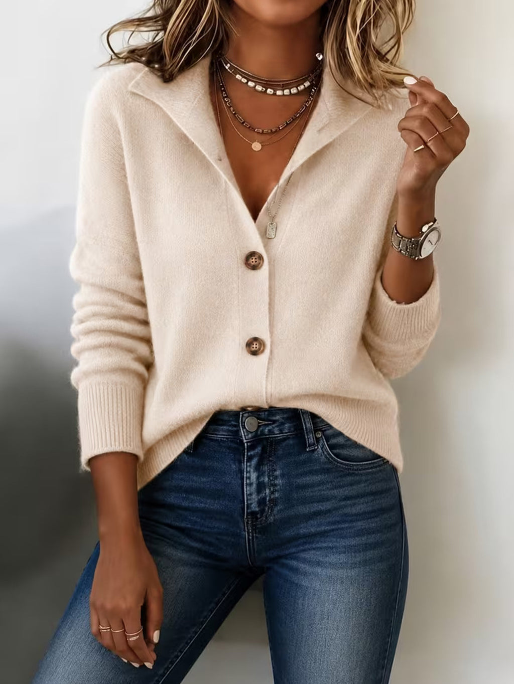 Style Retro pour femme Solid Color Stand Collar Cardigan