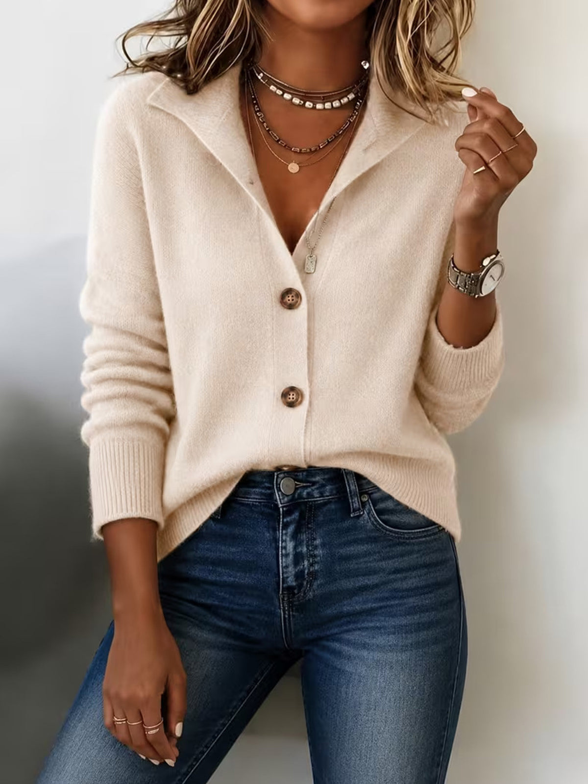 Style Retro pour femme Solid Color Stand Collar Cardigan