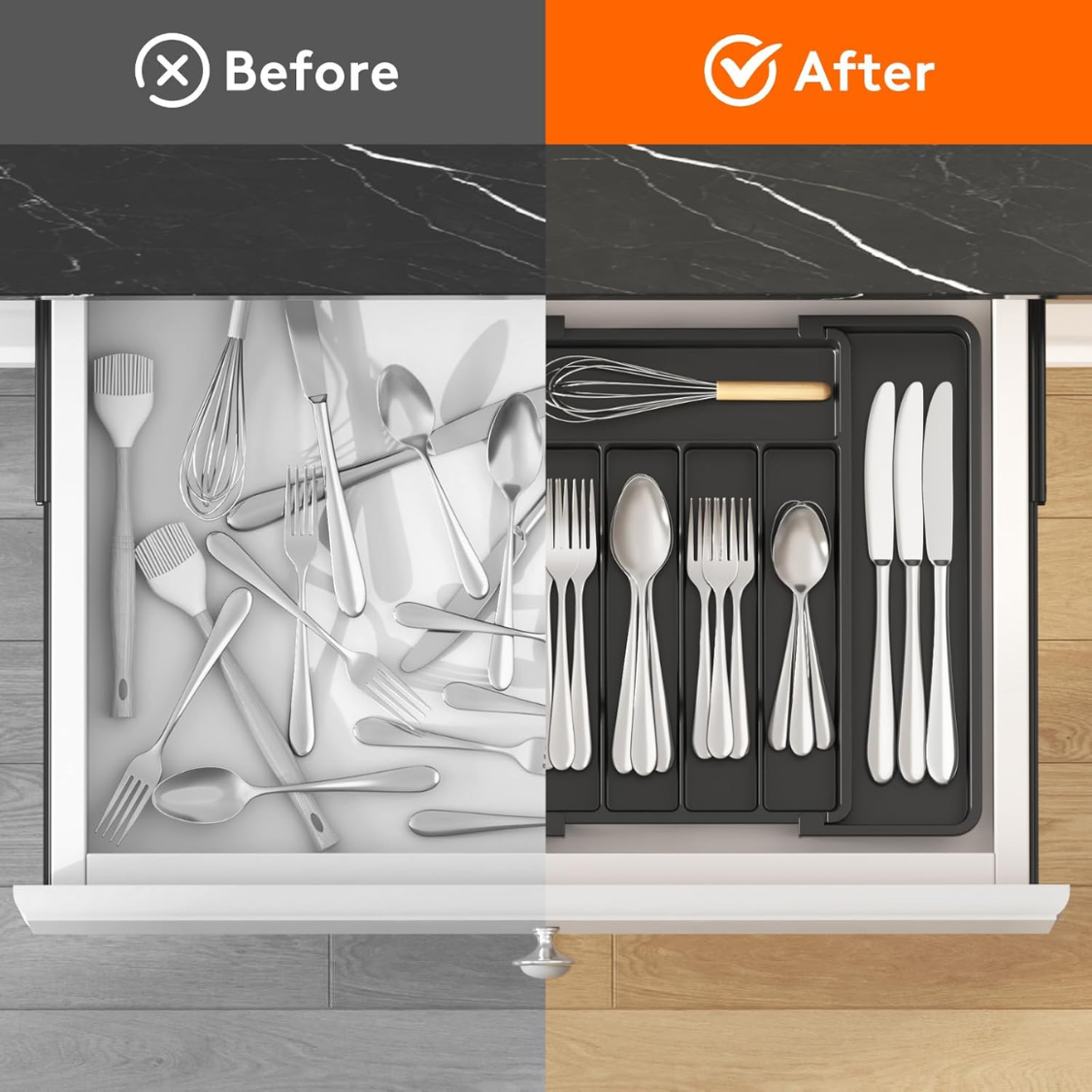 Argenterie extensible Organisateur Plateau d'Utensile en plastique pour tiroir de cuisine BPA Flatware gratuit