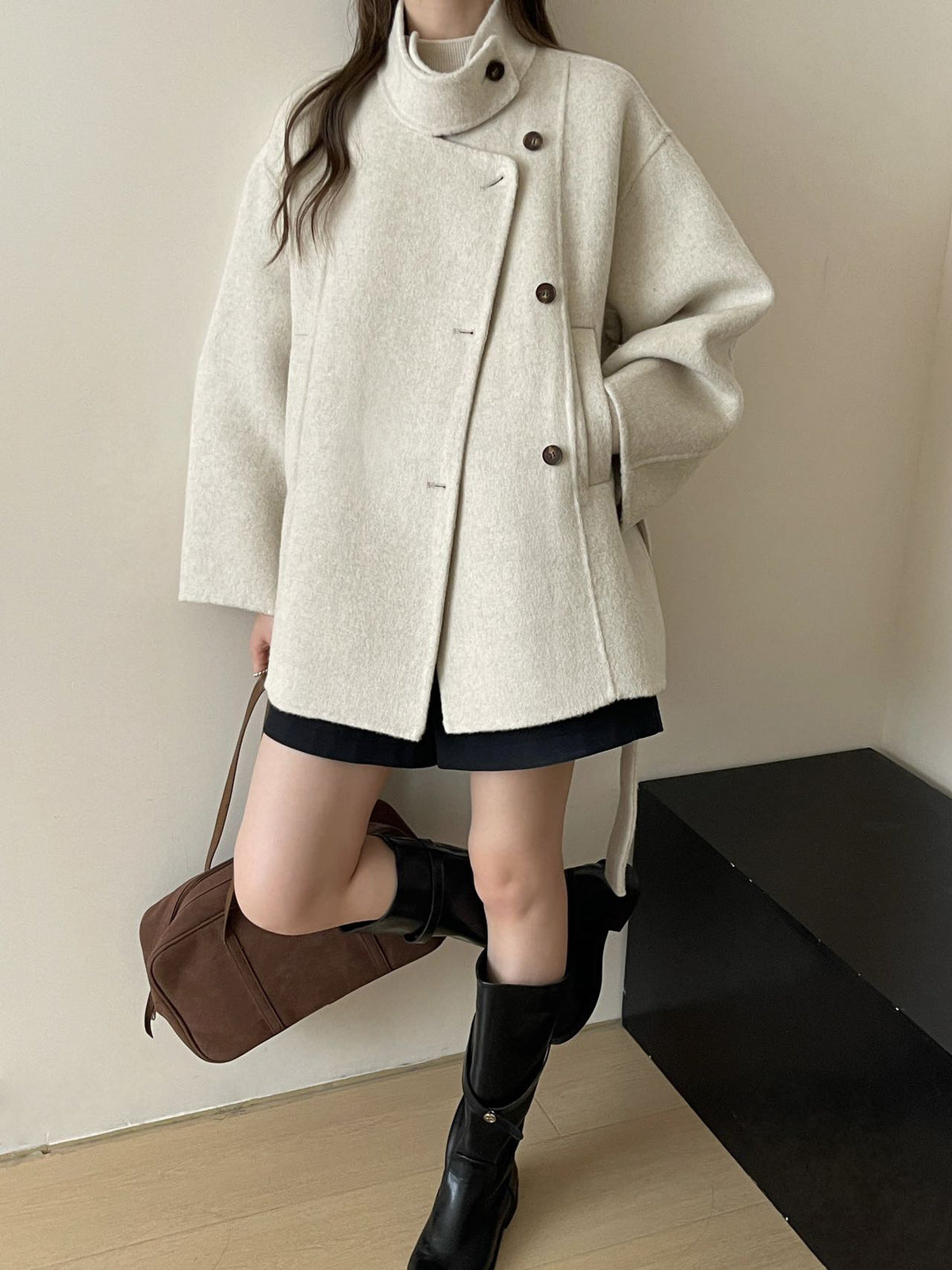 Dentelle Dentelle mi-longueur Double face Laine Coat Femme Laine Vêtements de dessus