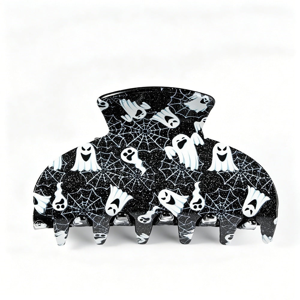 Clip de griffe de requin d'Halloween - Ghost Pumpkin Black Cat Print Hair Accessory for Women Girls P