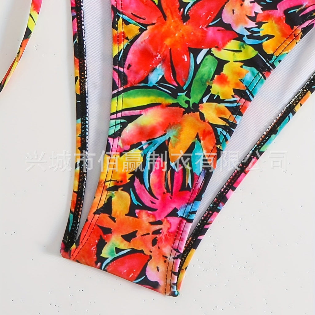 Femme Floral Imprimer Halter-Neck Dentelle-Up Sexy Bikini