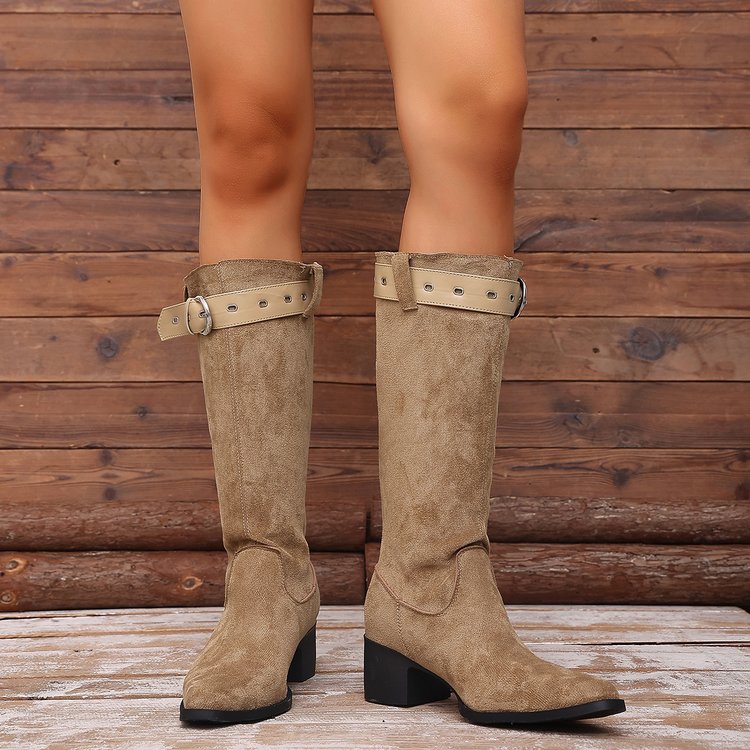 Bottes retro à talon épais avec ceinture