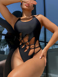 I Solid-color Sangle Hollow-out maillot de bain une pièce
