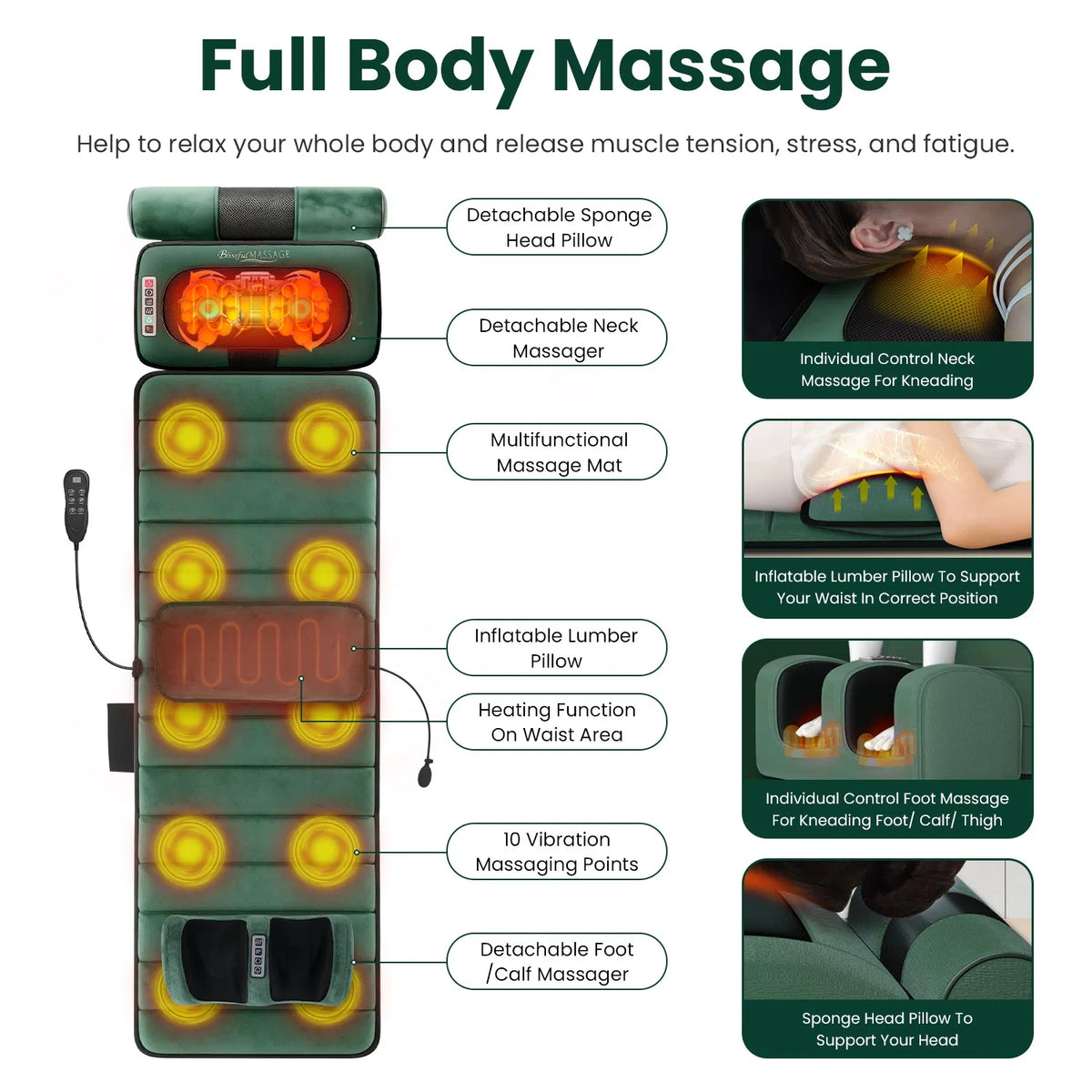 Pad de massage corps complet avec des masseurs Shiatsu cou et pieds séparables
