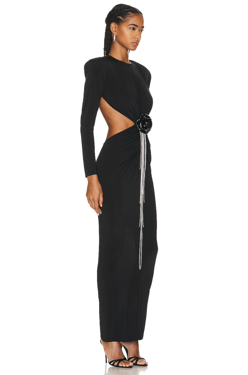 Sexy Backless Noir manches longues Hollow Flower Tassel Robe de décoration