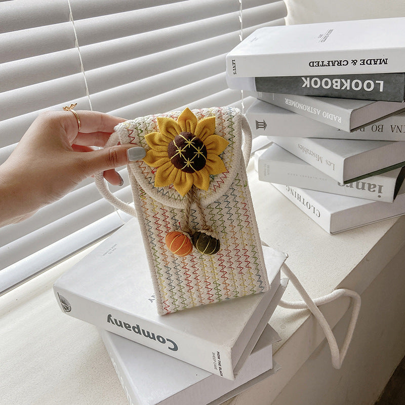 Été Cotton Rope Woven Phone Bag avec le design floral mono-épaule style