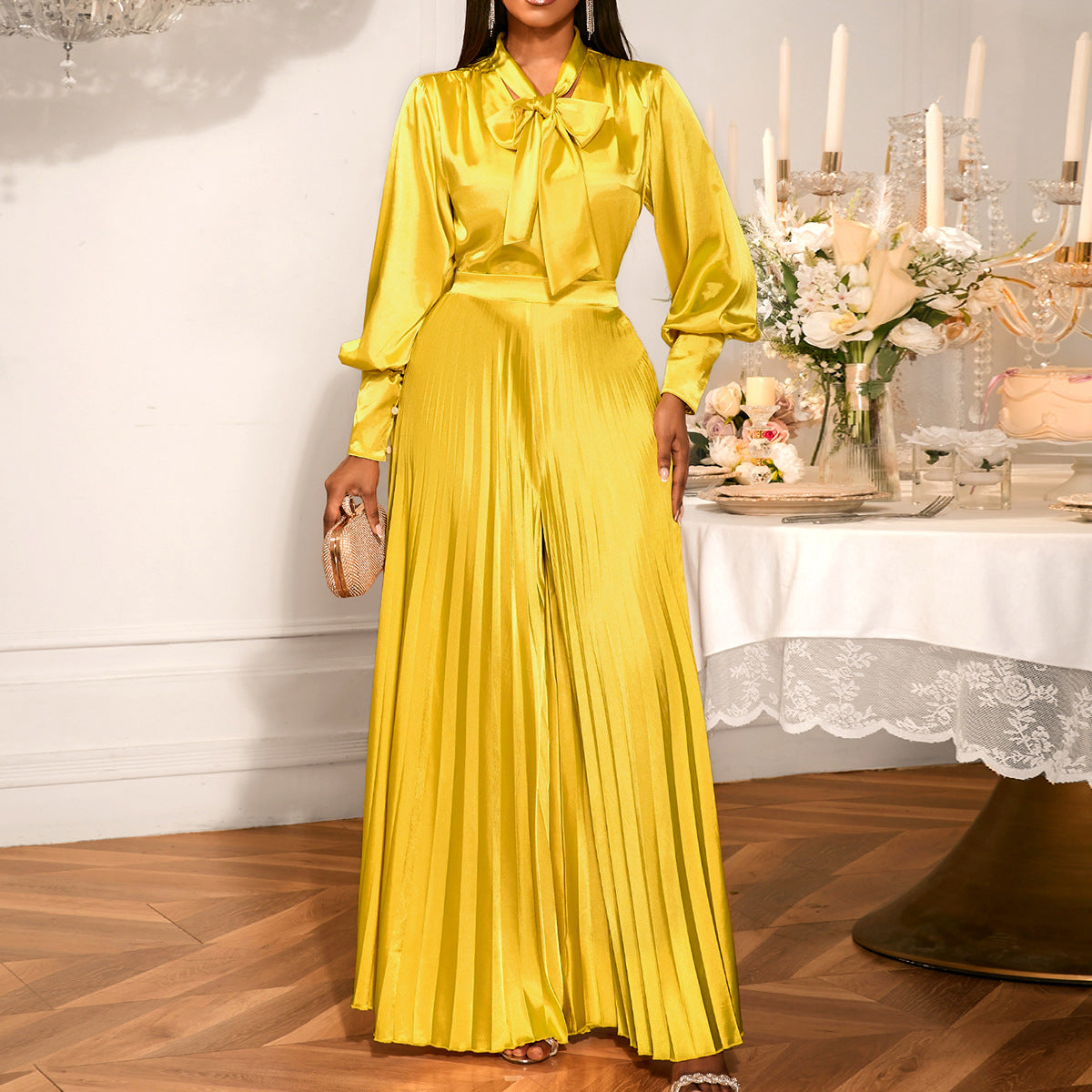 Sexy Col V Bow Long Sleeve Top Élégant Plissé Pantalon à jambes larges