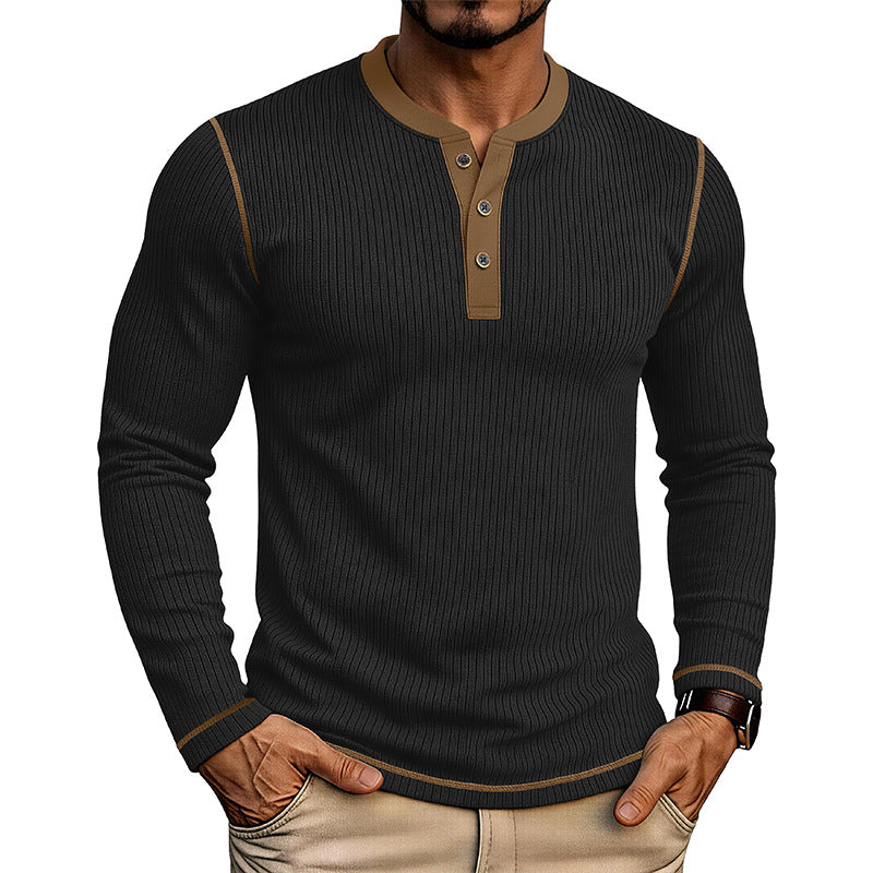T-shirt manches longues pour hommes avec un chandail Henley bloqué en couleur