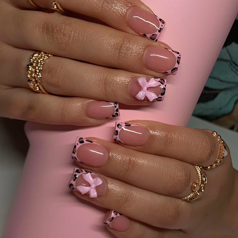 Portable courte Leopard-print Contraste couleur Bow Fake Nails Tip-style