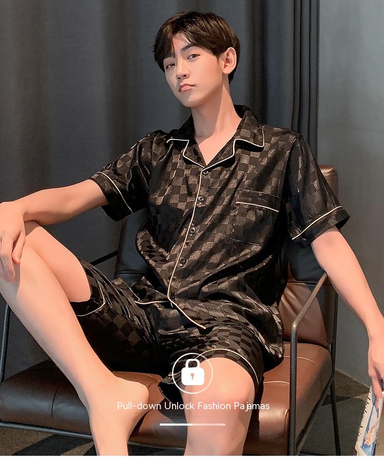 Pyjama pour homme Ice Ice Silk Thin Short Sleeve Plus Taille Loose Real Silk Jacquard Youth H