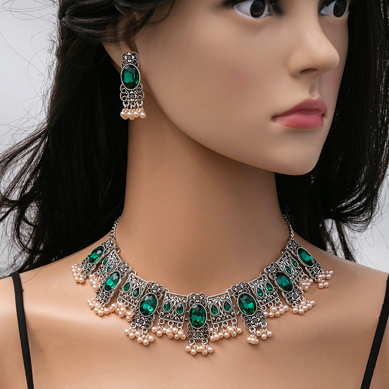 Boucles d'oreilles vintage Emerald Style ethnique Square Tassel Perle Pendentif bijoux costume