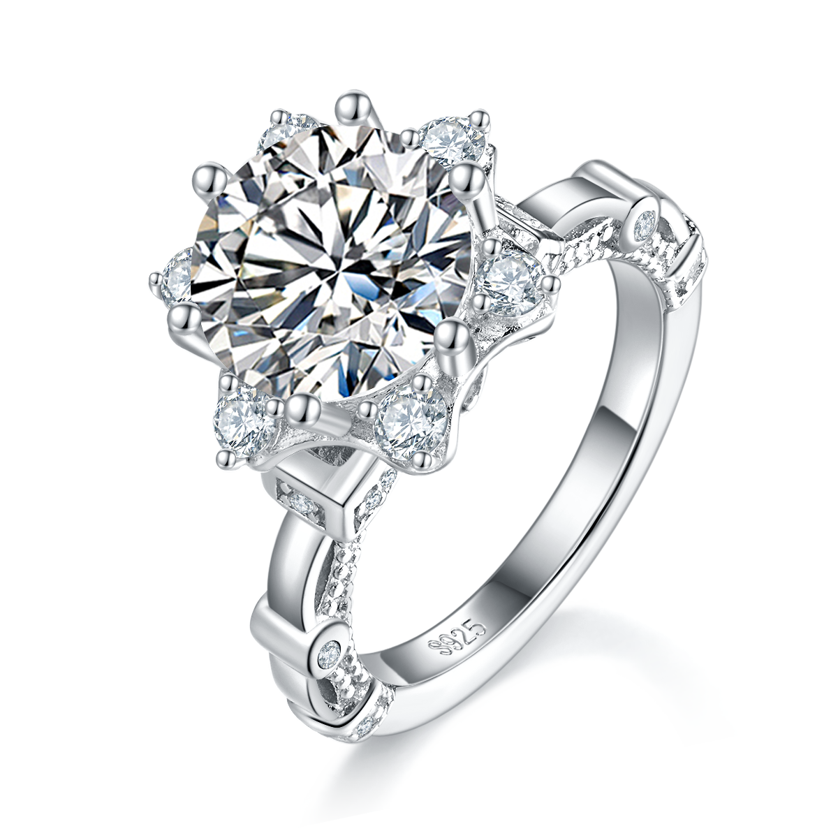 S925 Sterling Silver 3ct Moissanite Ring, 9mm D-VVS1 Star Halo Split Shank, Platinum Plated US Sizes 5-9, GRA Certified Gift Box