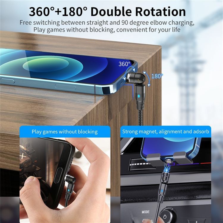 Câble de données magnétique 3-en-1 540 Connecteur rotatif 5A Charge rapide