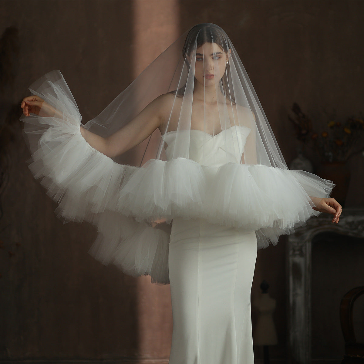 Industrie lourde Ruffled mariée Veil blanc Double couche Studio Voyage Photo extérieure Puffy S